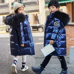 Winter Kids Warm Long Down Coats Girls Boys Thick Plus Velvet Jackets Teen Hooded Waterproof Parka Freezing Resistance Outerwear