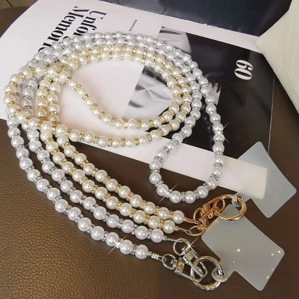 Fashion Single Shoulder Pearl Phone Lanyard With Patch Crossbody Bead Phone Chain Handmade Glitter Cellphone Straps Phone Cases