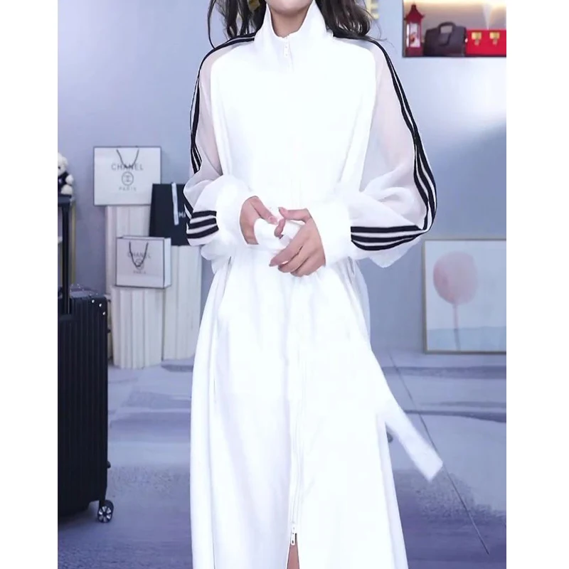 Spring Summer Trendy Stand Collor Zipper Oversized Streetwear Casual Dresses for Women Y2K Lace Up White Long Sleeve Midi Dress