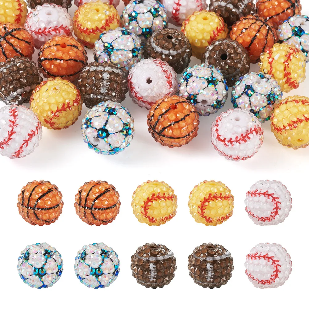 

30Pcs Basketball Football Baseball Pattern Resin Rhinestone Bead 20mm Round Sports Theme Bead for DIY Jewelry Making Accessories