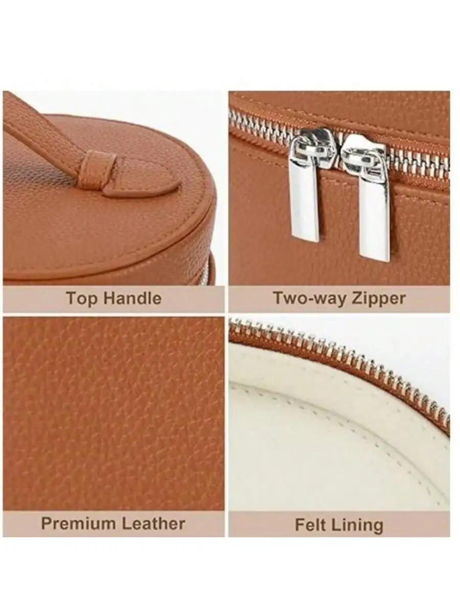 

Round Brown Premium Leather Cosmetic Bag With Two-Way Zipper, Top Handle, Felt Lining, Large Capacity Travel Organizer