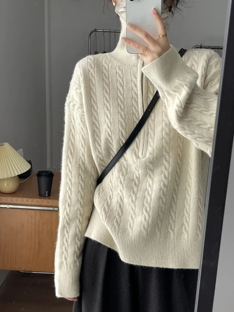 Korean Style Zipper Lapel Sweaters Women Autumn Winter Thick Vintage Pullovers Sweater Coat Twists Knitwears Tops Pull Femme