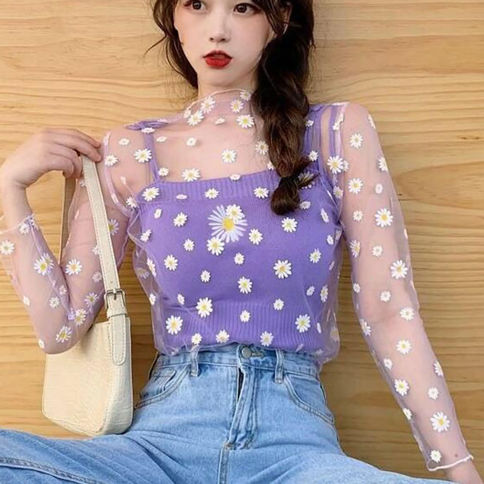 Women Daisy Flower Print Mesh Tops Long Sleeve Sheer Transparent Fishnet T Shirt Fashion Summer Sunscreen Tee 2023 Elegant Blusa