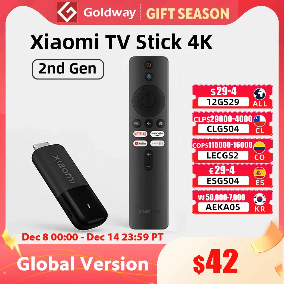 Глобальная версия Xiaomi TV Stick 4K 2-го поколения 2025 2 ГБ оперативной памяти 8 ГБ ПЗУ Bluetooth Wifi 6 Dolby Vision TV Dongle Портативное потоковое мультимедиа