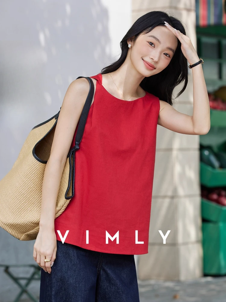 

VIMLY Red Tank Top Women's 2025 Summer Casual Loose Knot Round Neck Sleeveless Vest Elegant Female Tops Woman Clothing M9896