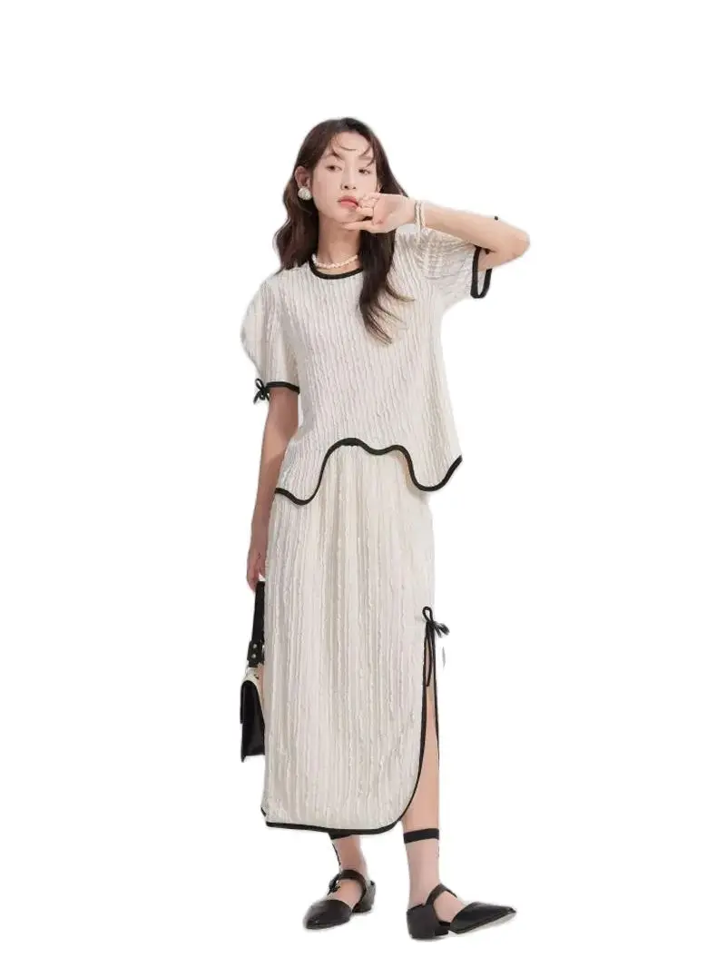 Korea Women'S Suit Long Skirt New Summer Fashion Solid Color Short Sleeve Skirt 2 Two Piece Set 2024