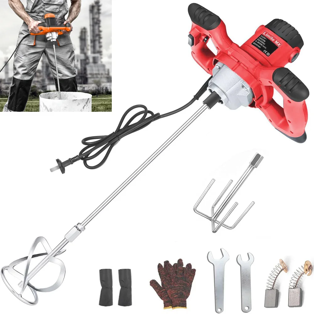 Mezclador de Cemento Eléctrico de 2600 W,Doble cabezal mezclador,Mezclador de Hormigón de Mano de 6 Velocidades,Portátil Eléctrico de Cemento para Lechada, Mezclador de Cemento para Mezclar Lechada Pintura Yeso,Rojo