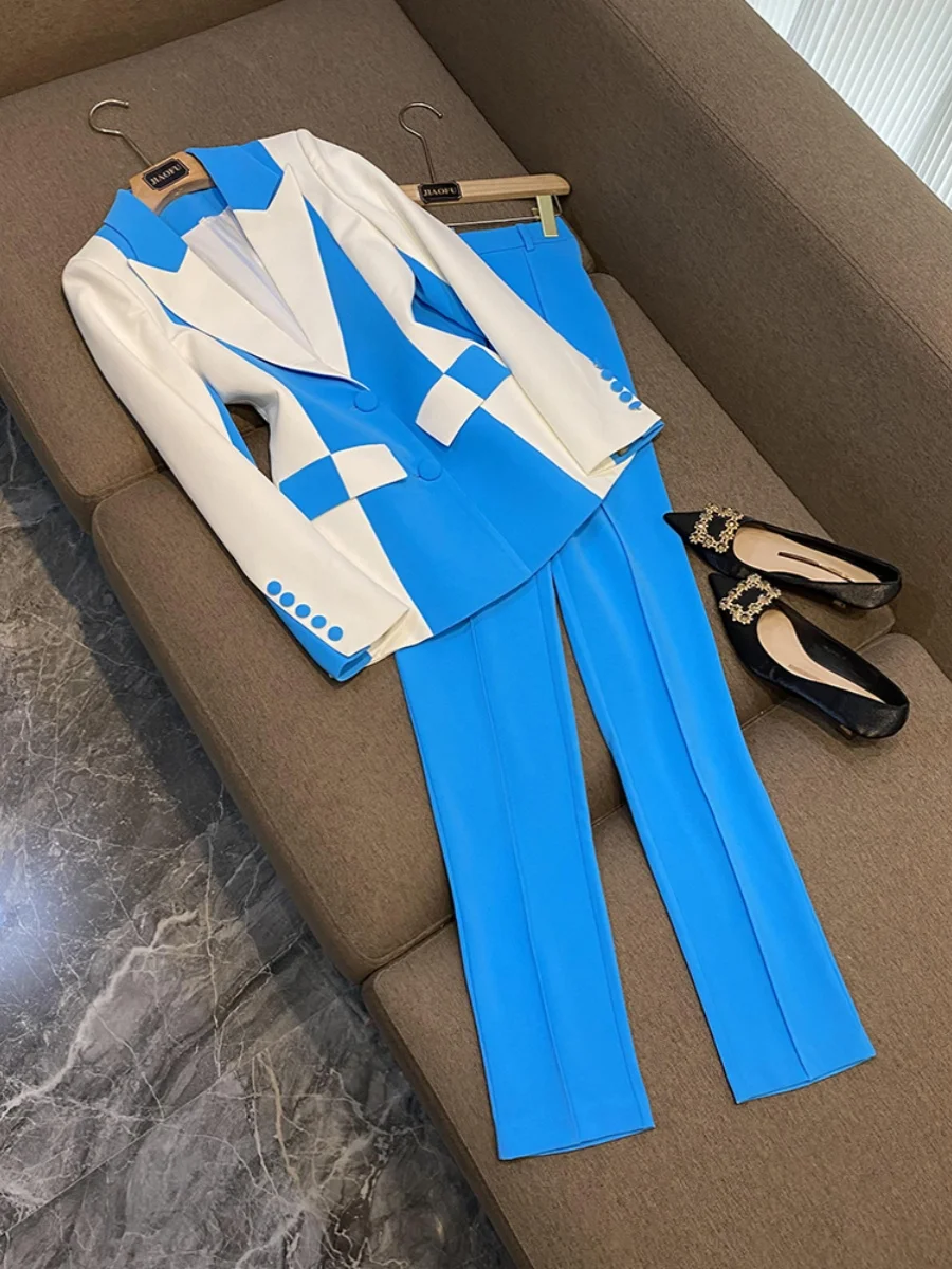

Elegant OL Commute Street Style Suit Jacket Top Slim Flared Pants Two Piece Set D235 Fashionable Workwear Spring Collection