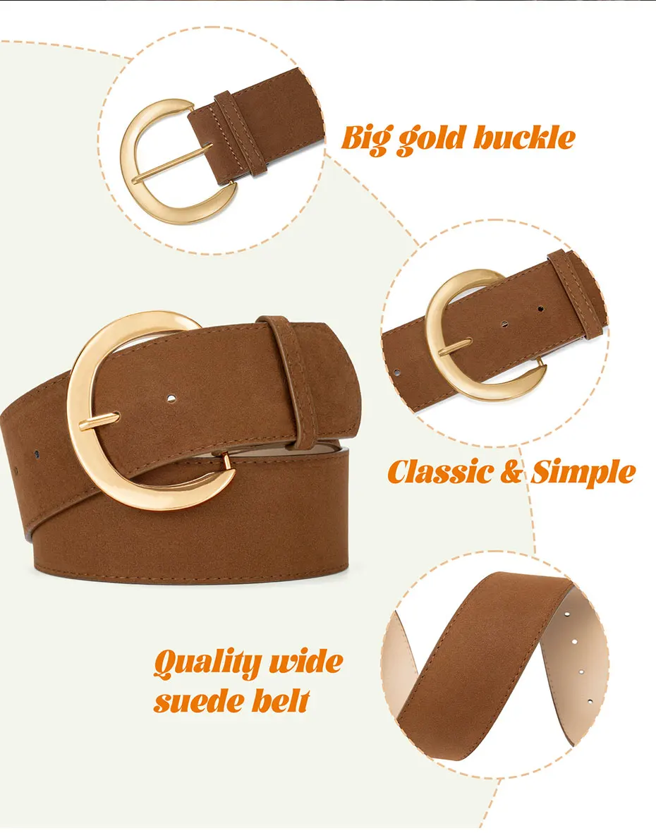 Maikun breite Wildledergürtel für Damen, Damen, klobiger Bund, modisch für Kleid mit goldener Schnalle – Detail 10