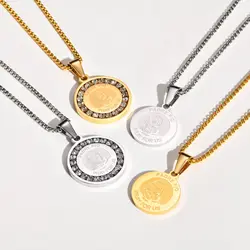 Catholic Saint Padre Pio Necklace for Men Women,Gold Color Stainless Steel Round Pendant Necklaces,Religious Prayer Jewelry Gift