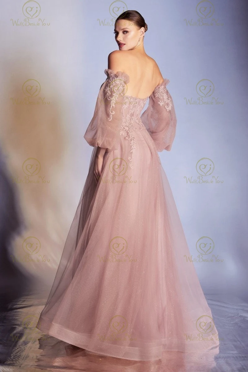 Gaun Prom Glitter 2023 Gaun Malam Lengan Tanpa Tali Bahu Boho Renda Mawar Berdebu Tulle Formal Putri Antik Pesta