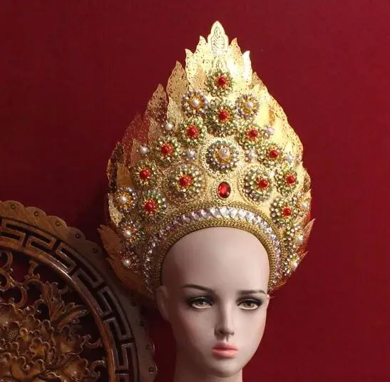 Thailand Traditional Queen Crown Ancient Costume Headwear Women Rhinestones Stage Metal
