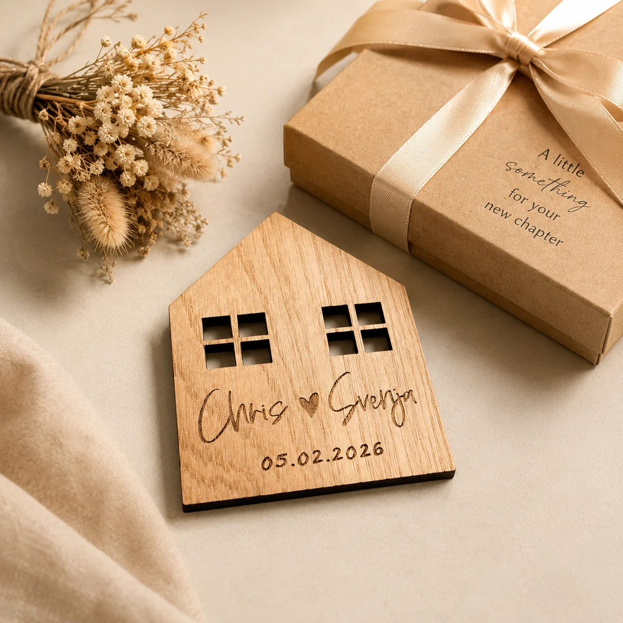 Custom House Shaped Wooden Name Plaque, Engraved Couple Names Heart Date, New Home Housewarming Wedding Anniversary Gift