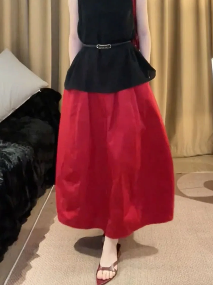 

Elegant Red Puff Skirt Hepburn Style Retro Spring Summer New Arrival Women's Midi Skirt Flared A-Line Silhouette for All Body...