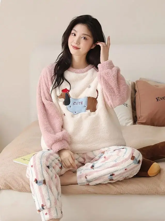 Autumn Winter Couple Pajamas Women  Men Coral Velvet Padded Thickened Cartoon Flannel Home Clothing Leisure Suit Puppy Cute Warm