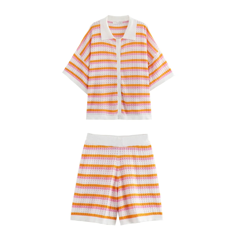 Dave&Di Ins Fashion Blogger Vintage Striped Short Sleeved T-shirt Summer Bermuda Shorts Women Casual Sets