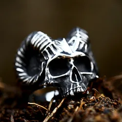 Vintage Gothic Punk Stainless Steel Ring Demon Satan Goat Skull Ring Prajna Mask Men Jewelry Accessories