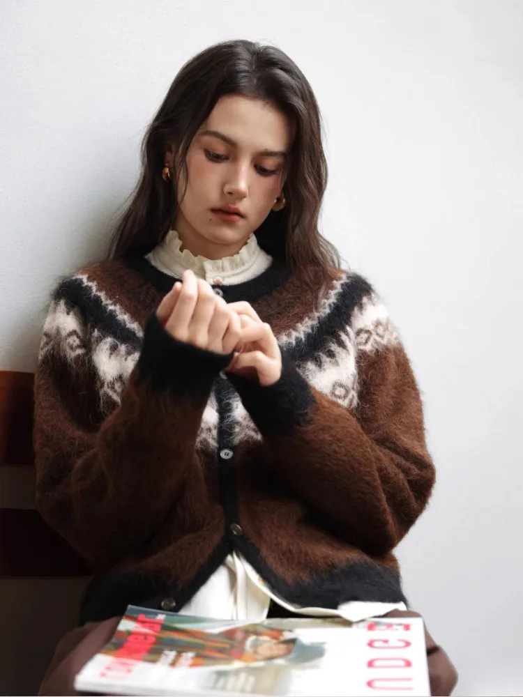 CHEERART-cárdigans marrones peludos de Fair Isle nórdico para mujer, suéter con botones, prendas de punto, suéter cálido Vintage para invierno, abrigo 2025