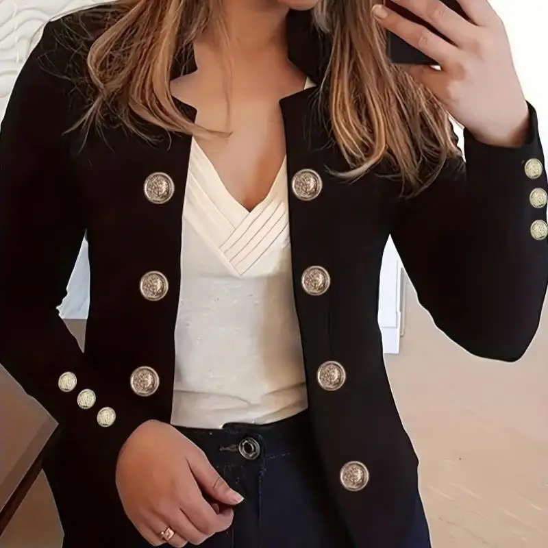 

Ele Pure Color Double Row Polyester Jaet 2025 New Sle Versatile Faionable V-Ne ort Length for Middle-Aged And E...