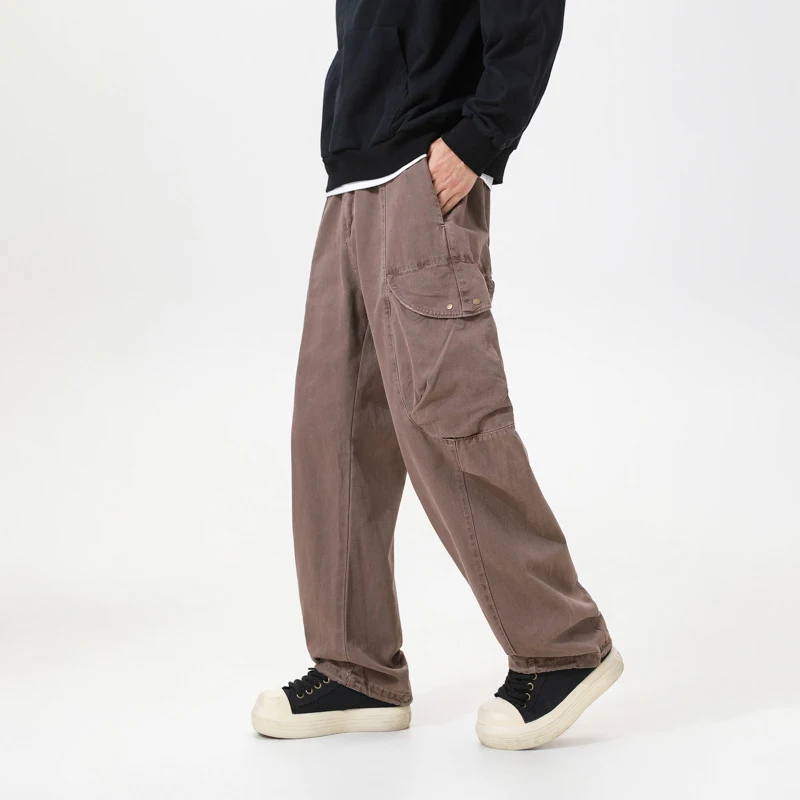 

Men's Solid Color Loose Straight Leg Casual Pants 2026 American Deconstructive Design Washed Multi Bag Functional Work Pants