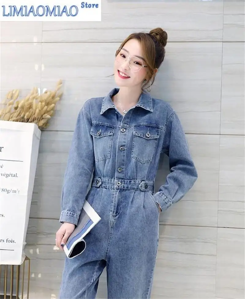 New Fashion Denim Jumpsuit Women Spring Tooling Jumpsuit Slim Slimming Age Reduction Suit Trousers Commute