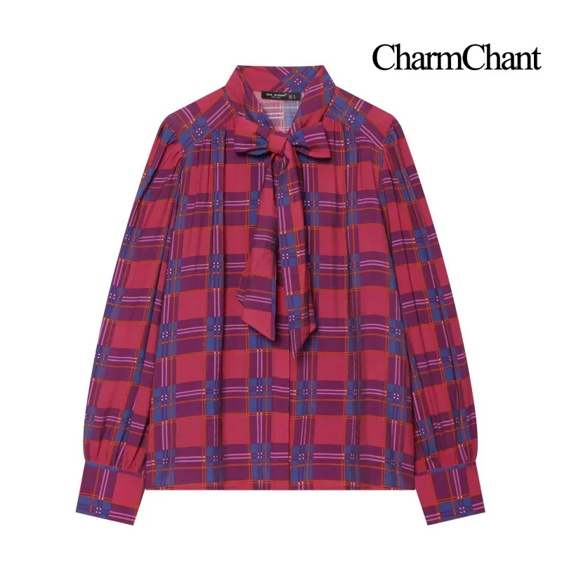 CHARMCHANT Women's Plaid Shirt Bow Tie Collar Long Sleeve Puff Sleeve Loose Blouse Elegant Office Daily Casual 2026 Autumn