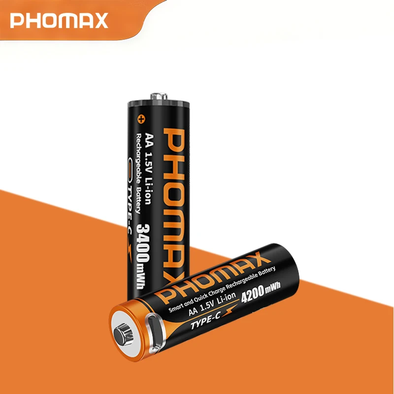 

PHOMAX USB Rechargeable AA Battery 1.5V 3400mWh/4200mWh Lithium for Hunting Camera Remote Control Mouse Door Lock Microphone