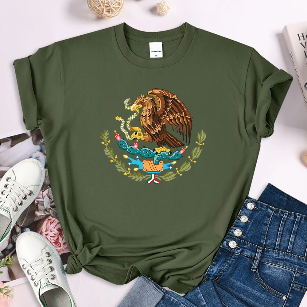 Mexico A Divine Eagle Holding A Snake In Its Beak Print Female Tshirt Breathable O-Neck Tees Casual Crop Top Streetwear Clothes