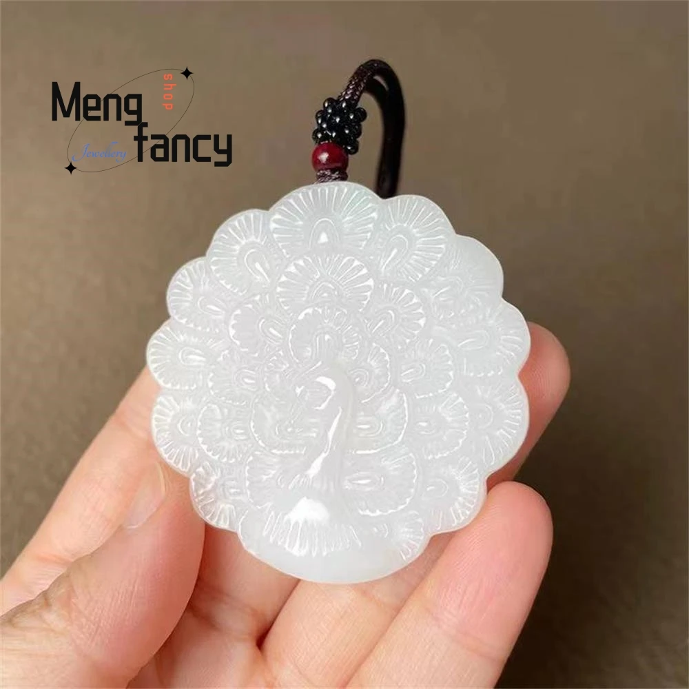 Natural Hetian Jasper White Jade Peacock Open Screen Pendant Exquisite Fashion Jewelry High-grade Luxury Handicraft Holiday Gift