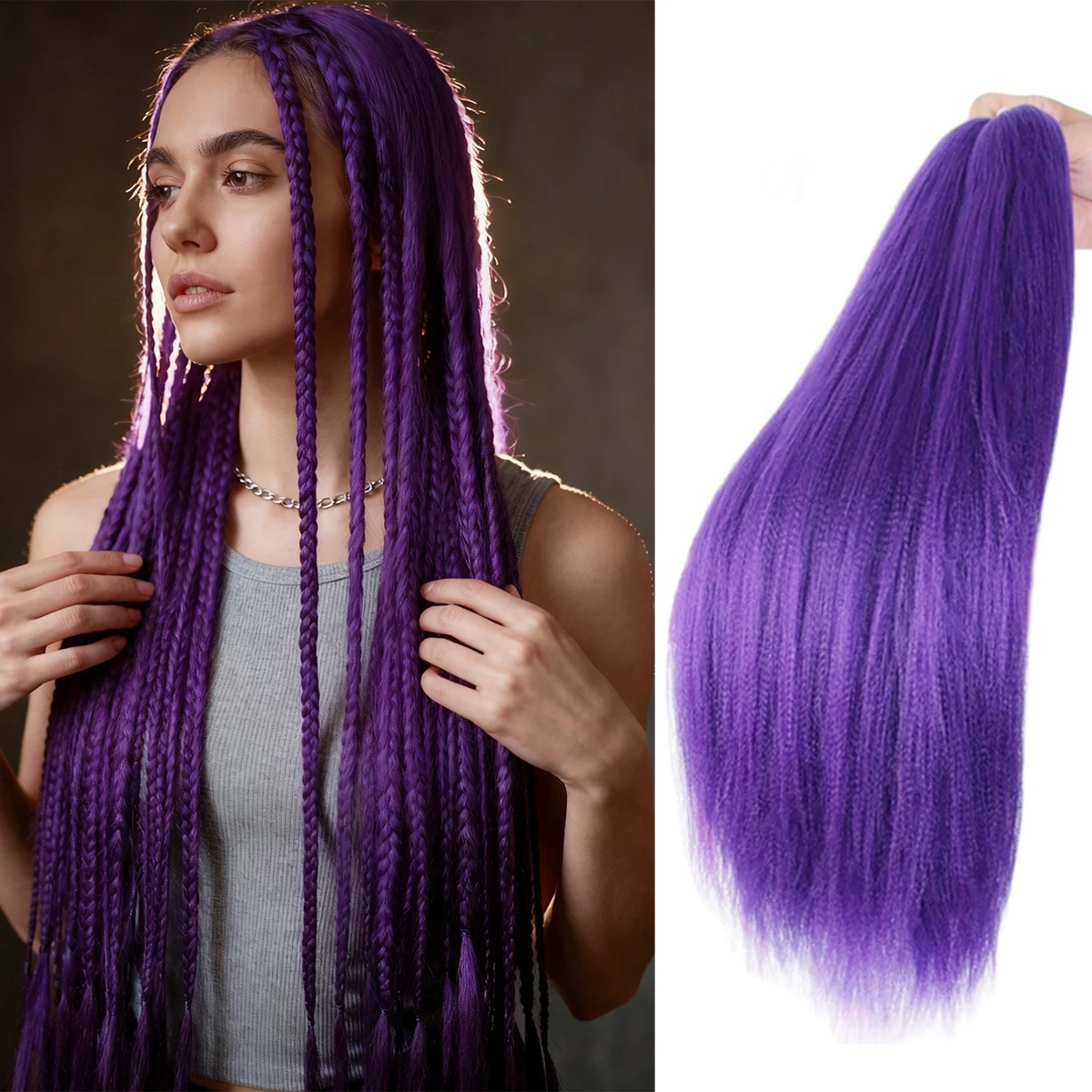 

Purple Braiding Hair Extensions Pre Stretched Soft Yaki Synthetic Jumbo Braids DIY Ponytail Braid Peuple Hair