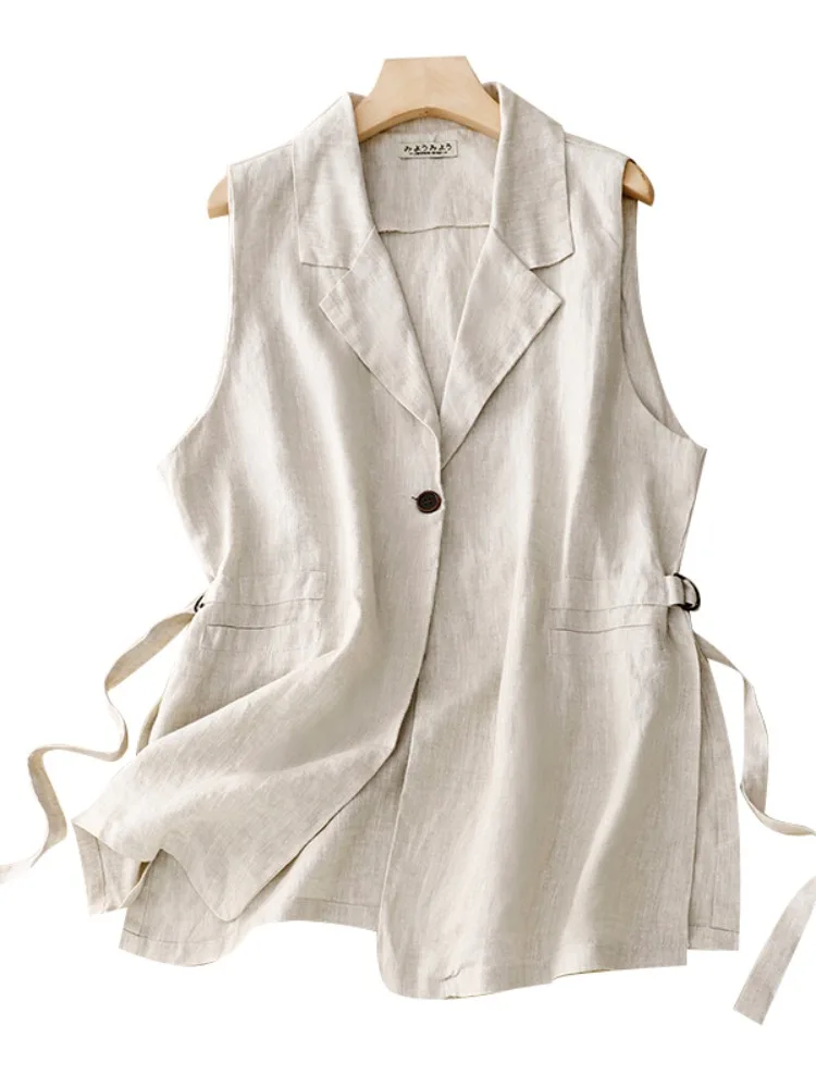 เสื้อกั๊กผ้าลินินผ้าฝ้ายลำลองสำหรับผู้หญิง เสื้อคลุมบางสำหรับฤดูร้อน แบบเปิดไหล่ผ่าข้าง เสื้อกั๊กผ้าลินินแบบยาว ดีไซน์กระดุม