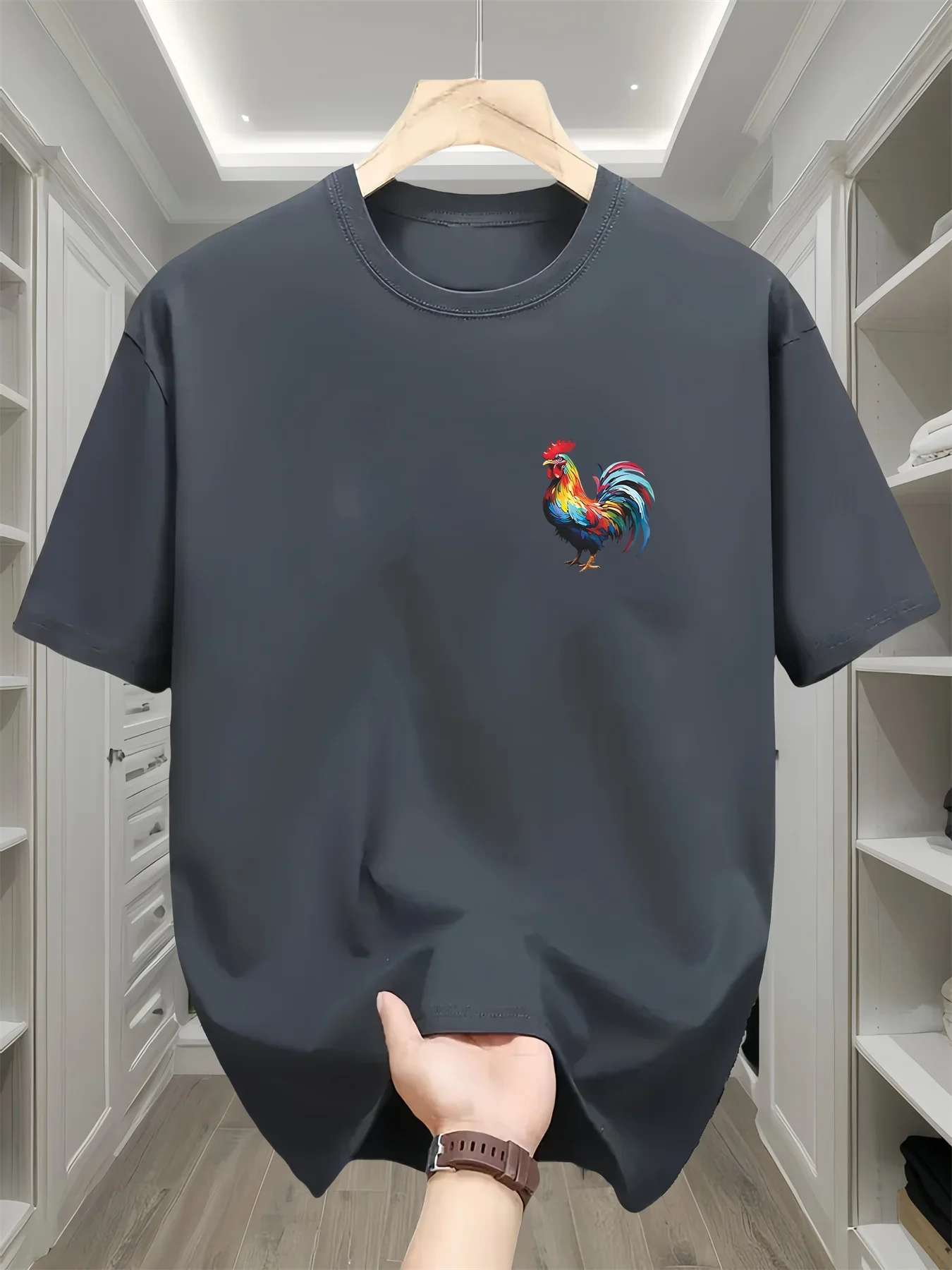 Men's summer 100% pure cotton fashionable casual loose sports bright rooster print round neck short sleeved T-shirt top