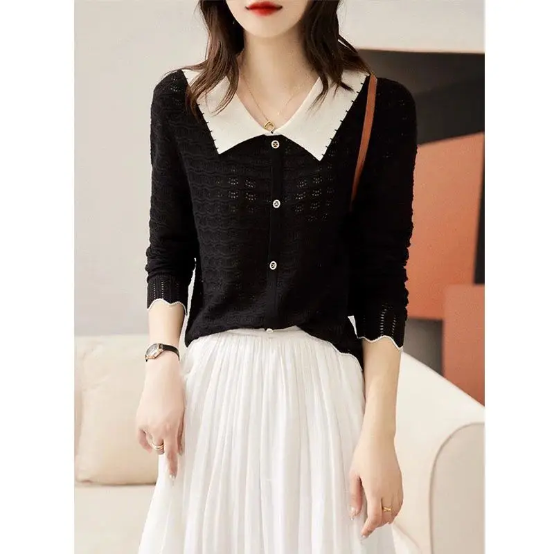 Spring Autumn Fashion Solid Color Patchwork Turn-down Collar Long Sleeve Women\'s Clothing Cardigan Screw Thread Simplicity Tops