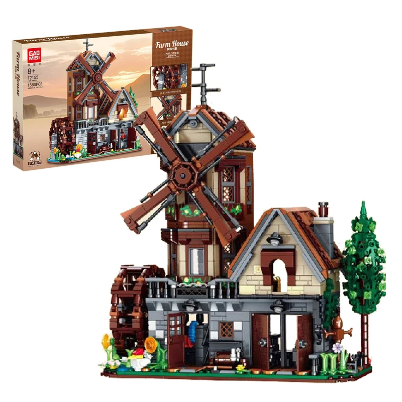 1580PCS MOC Bauernhof Haus Bausteine Mittelalterlichen Dorf Windmühle Cottage Architektur Modell mit LED Kinder Spielzeug Weihnachten Geschenk