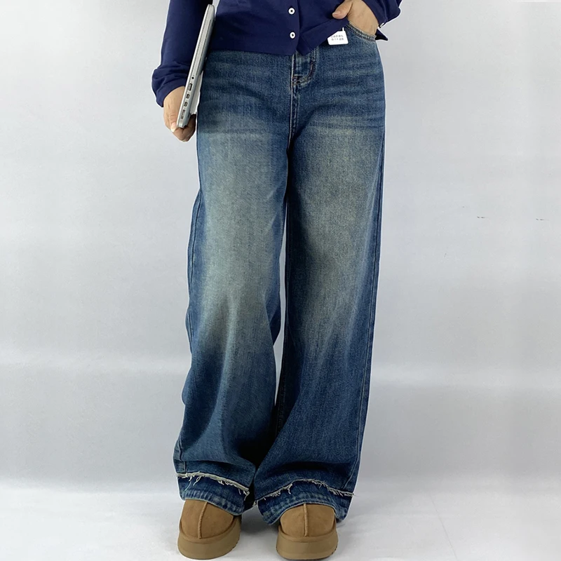 Moda plus size calças de brim femininas outono estilo namorado retalhos franjas estiramento denim perna larga calças comprimento total 8373