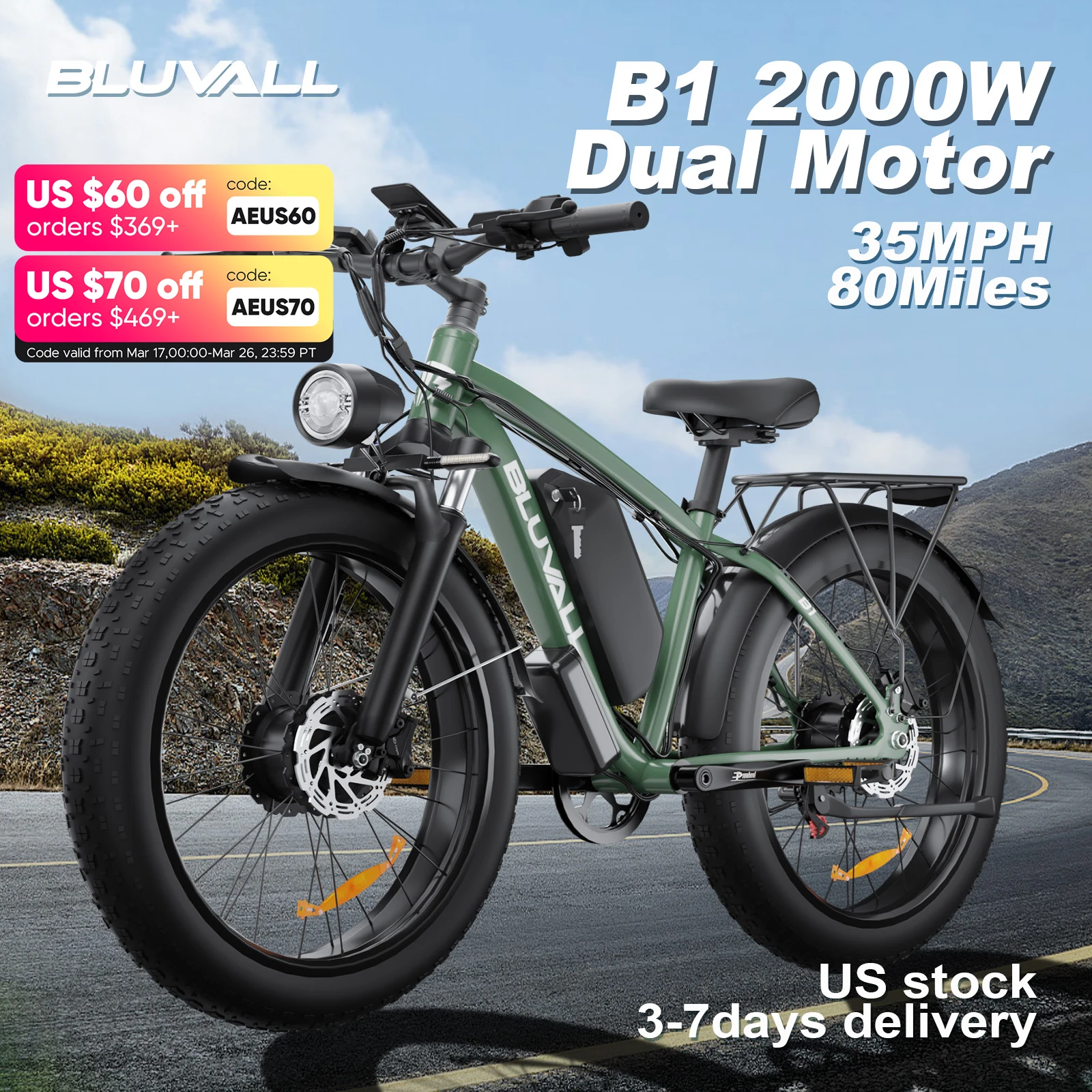 BLVALL B1 48V 2000W Full Suspension E-Bike CE Certified 26 Inch Fat Tires Hidden Dual Battery Snow Beach Electric Bicycle