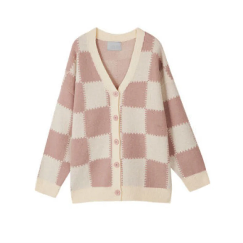 Outono manga comprida elegante blusas de malha casacos moda xadrez com decote em v cardigan malhas soltas jaqueta casual feminina