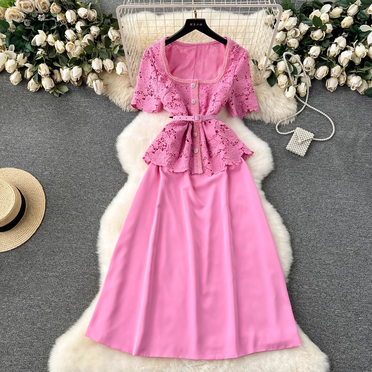 Pink Lace Patchwork Dress Women Elegant Square Collar Hollow Out Womens Clothing with Belt Holiday Party Dresses Summer