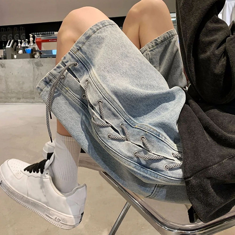 Summer New Webbing Denim Shorts Men's Niche Loose Trendy Brand Retro Jeans Thin Casual Five-Point Pants Y2K Streetwear Fashionab