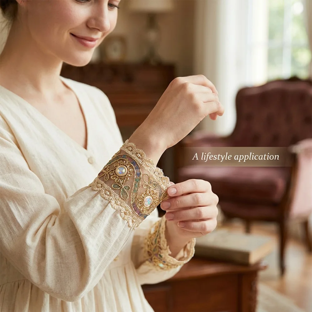 5 cm breite, mit Goldfaden bestickte Pailletten-Spitze, champagnerfarbenes Vintage-Spitzenband im Hofstil mit schillernden Pailletten, DIY-Handarbeitsmaterialien, Kleider- und Hochzeitskleid-Accessoires, Tischläufer, d – Detail 2