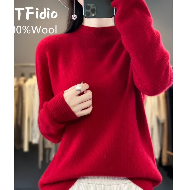 YTFidio 100% Wool Women Half High Collar Solid Slim Tops Outerwears Knitted Pullover Office Lady Solid Elastic Pullover 90