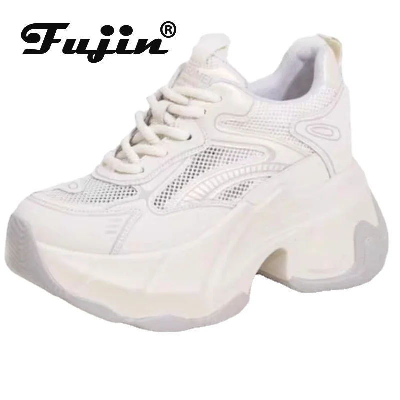 Fujin 9cm Air Mesh TPU New Genuine Leather Heels Women Breathable Hollow Platform Wedge Flats Shoes Summer Ethnic Chunky Sneaker