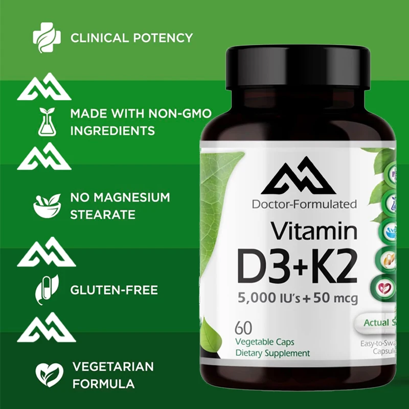 Vitamin D3+K2- Vitamin D and MK-7 for bone health and heart support - vegetarian, gluten free -60 capsules of vegetables