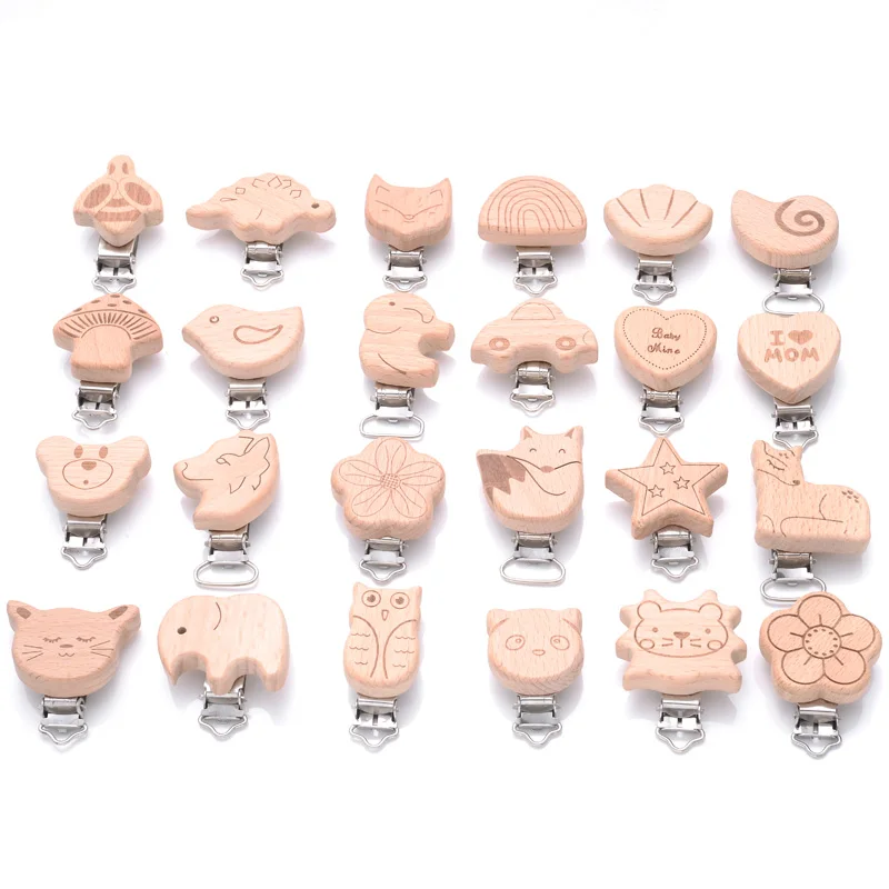 Cute Cartoon Style Wood Sucker Natural Chain 5Pcs/Lot Printing Beech Wood Teether Pacifier Clip DIY Dummy Clip Chains Accessory