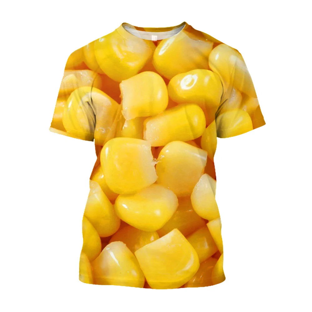 Camiseta con gráfico de maíz para hombre y mujer, ropa con estampado 3D de grano de comida gruesa, divertida, de manga corta, informal