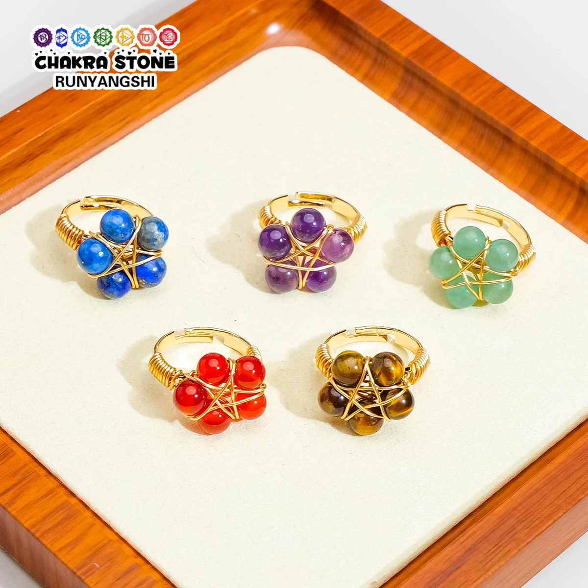 1set Natural Crystal Five-Pointed Star Round Bead Ring, Hand-Wrapped Wire Adjustable Open Ring, Accessory For Festive Gifts.