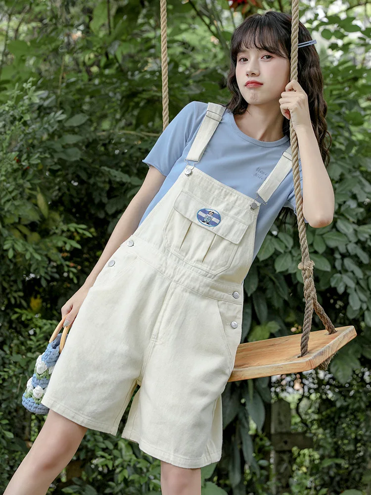 Overalls Jeans Denim Pants Japanese Casual Sling Shorts Jumpsuit Cartoon Embroidery Trousers Strap Suspenders For Women