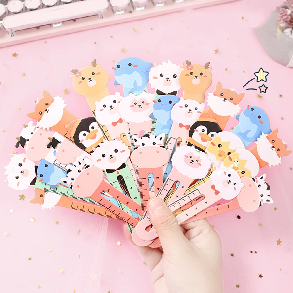 50Pcs/pack Cartoon Animal Bookmark Cute Bear Kitten Student Ruler Bookmark Student Dual Use Book Clip And Rulers Supplies