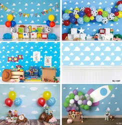 Cartoon Toy Story Blue Sky and White Clouds Backdrop Wood Floor Backdrop Kids Birthday Party Boy Baby Shower Photo Background