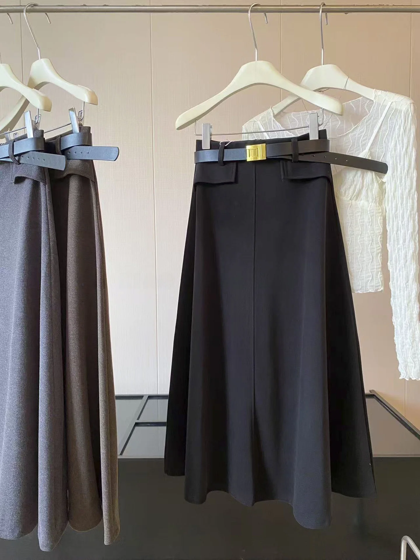 High Waist A-Line Midi Skirt Women's Autumn Winter Woolen Skirt Fake Pocket Design Belted Waist Umbrella Skirt Polyester Fiber
